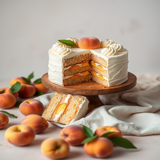 A beautifully decorated cake with layers of peach filling and frosting on a wooden cake stand surrounded by fresh peaches and a soft, neutral background, showcasing a slice removed to reveal the delicious layers inside.