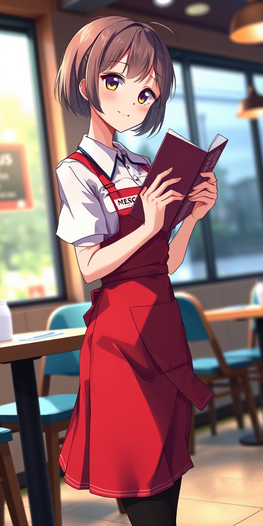 masterpiece, best quality, absurdres, unity 8k wallpaper, official art, official style, source_anime, uncensored, game cg, megami magazine, AMSC, waitress, 1girl, solo, menu, restaurant, name tag, indoors, chair, skirt, blurry, shirt, short hair, holding, table, white shirt, apron, looking at viewer, smile, cafe, red skirt, red apron