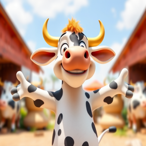 Create a cartoon-style image of a cheerful cow with a white and black spotted body, yellow horns, and an orange tuft of hair, standing with its arms open, using a DSLR camera, wide-angle lens, f/2.8 aperture, 1/200s shutter speed, in bright daylight.