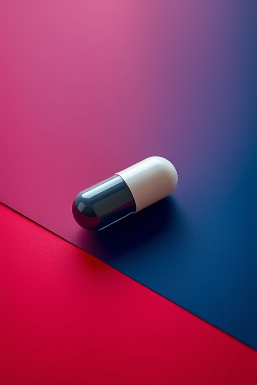 Create a high-resolution image of a 3D capsule lying on a split background of vibrant red and deep blue, with soft shadows, using a DSLR camera set to f/2.8 aperture, 50mm lens, and 1/125 second shutter speed for enhanced clarity and depth.