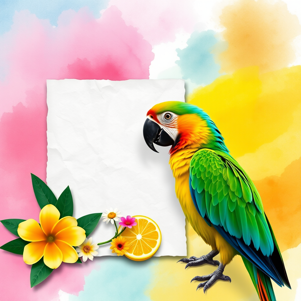 Create a vibrant illustration featuring a tropical parrot beside a blank piece of textured paper with a lemon slice and flowers against a colorful, watercolor background, using a Canon EOS R5 with a 24-70mm f/2.8 lens, aperture set to f/8, ISO 200, 1/125 shutter speed, and natural lighting for enhanced image quality.