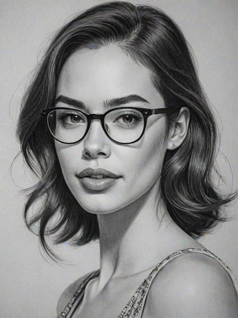 Beauteous Chloe Bridges, pencil sketch, portrait of Exquisite woman 1934s in glasses, hair style beatnik, outline, clear lines, fine lines, 8k