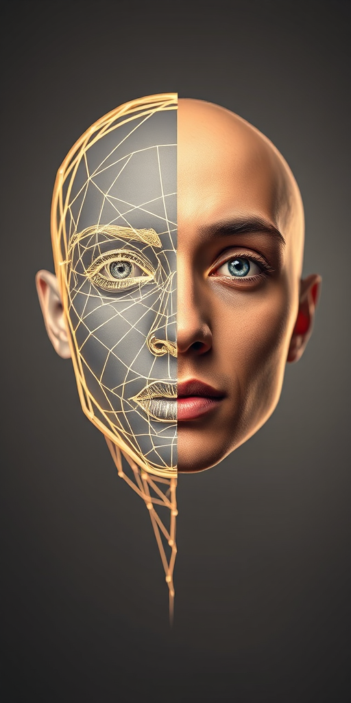 Generate an artistic representation of a human face split in half, one side with a wireframe design and the other side a realistic face, using a Canon EOS R5 with a 50mm lens at f/1.8, ISO 100, and a shutter speed of 1/125s, in a studio setting with soft diffused lighting.