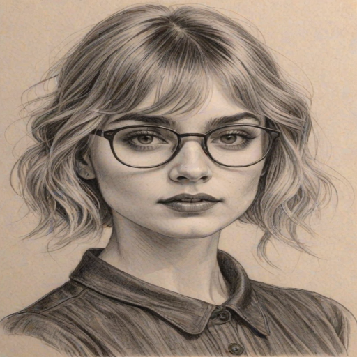 Bewitching Imogen Poots, pencil sketch, portrait of Appealing woman 1923s in glasses, hair style beatnik, outline, clear lines, fine lines, 8k