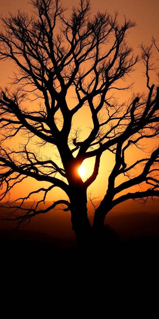 Create an artistic black silhouette of a tree with intricate branches against a bright sunset background, taken with a DSLR camera at f/8 aperture, ISO 200, 50mm lens, landscape orientation, with soft, warm lighting to enhance color vibrancy.