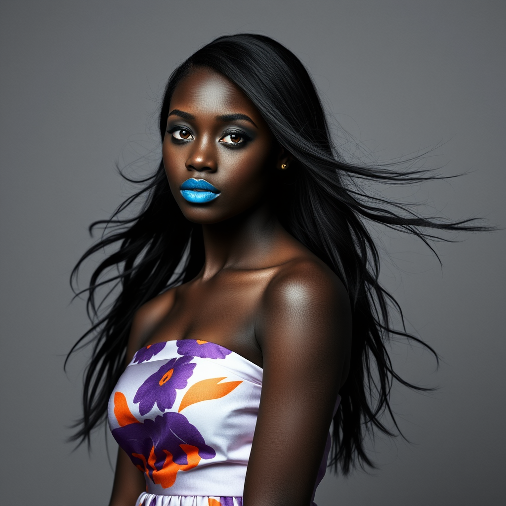 Photographic image of a beautiful young Afro-Caribbean woman, Yellow eyes, lips with cyan lipstick, long hair fluttering in the wind and wearing a silk strapless dress with a soft purple and orange print. monochrome image with only color highlights in the iris of the eyes, lipstick and dress. Gray background.