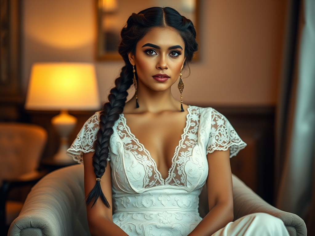 Create a portrait of a refined and elegant Coptic woman seated in a sophisticated setting. She has long, wavy hair styled in two thick braids that are pulled over her shoulders. She wears a white, lace gown with intricate patterns, featuring a deep V-neckline and short sleeves. The dress exudes a vintage charm with its delicate lacework. She is adorned with ornate, dangling earrings that add a touch of glamour to her appearance. The background is softly lit, with warm, ambient lighting that creates a cozy and inviting atmosphere. Her expression is poised and serene, capturing a sense of grace and elegance.
