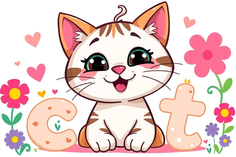 Create a whimsical illustration of a cartoon cat with a cheerful expression, surrounded by colorful and vibrant text spelling "cat", incorporate playful elements like flowers and hearts, use a digital art style, capture with a wide-angle lens at f/8 for a balanced depth of field, and use bright, contrasting colors for a lively feel.