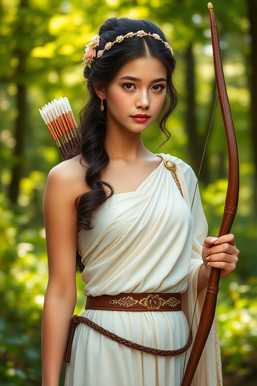 Create a portrait of a goddess-like Eurasian girl figure in a tranquil, forested environment. She has an elegant appearance with long, wavy hair styled in an updo and adorned with a delicate, floral headband. She wears a flowing, ancient Greek-inspired gown in a soft, pale color, featuring a one-shoulder design and draped fabric that accentuates her graceful form. The outfit includes a decorative belt with ornate gold detailing, and she holds a bow in her hand, with a quiver of arrows slung over her shoulder. The background depicts lush greenery, with sunlight filtering through the trees, casting a gentle, ethereal light on the scene. Her expression is calm and contemplative, embodying a sense of wisdom and serenity.