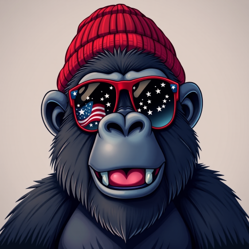 Create a high-resolution illustration of a cartoon gorilla wearing a red knit beanie and sunglasses with American flag designs, using a Canon EOS R5 camera, 50mm lens, f/1.8 aperture, ISO 100, shot in a studio setting with soft lighting to enhance colors and detail.