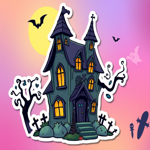 create a kawaii Haunted house sticker, 3d digital art, colorful background, sticker line weight