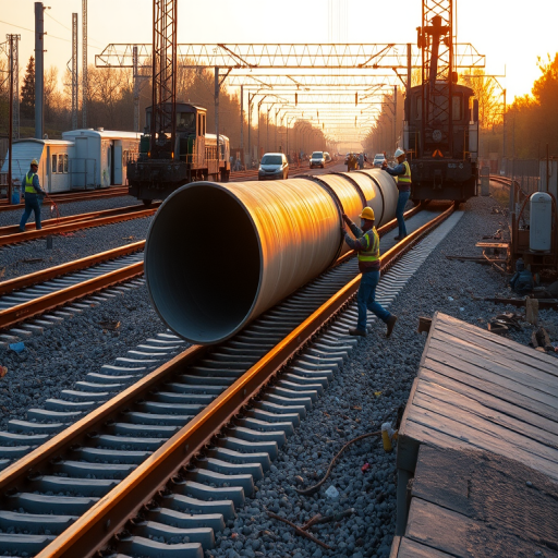 A construction scene on railway tracks with workers in safety gear handling a large pipe, captured with a DSLR camera at f/2.8, 1/250 sec, ISO 100, in a wide-angle lens view, during golden hour for enhanced lighting and contrast.
