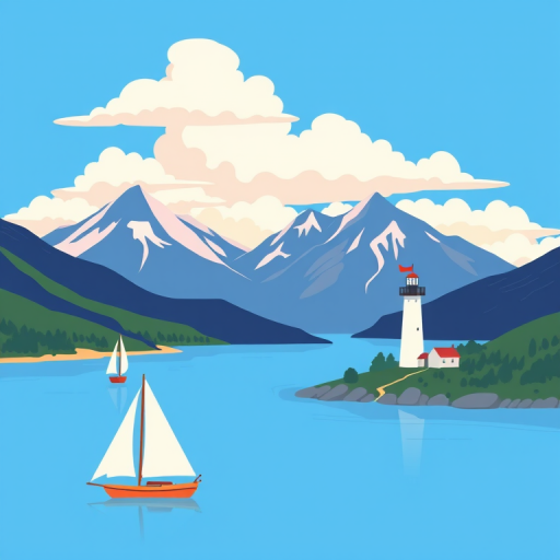 create a vibrant and minimalist illustration of a scenic landscape with mountains, a lighthouse by a river, sailboats, and fluffy clouds on a bright blue background