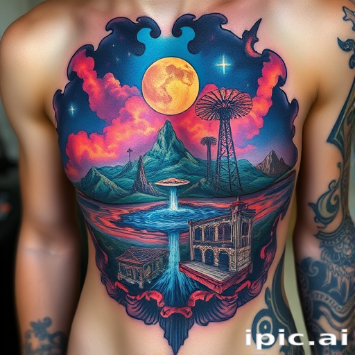 Surreal body tattoo depicting a dreamscape melting into reality across the ribcage, blending photorealistic elements with abstract forms in vivid psychedelic hues