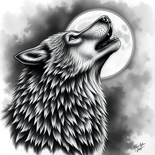 Realistic black and gray tattoo of a majestic wolf howling at the moon, showcasing incredible detail in fur texture and piercing eyes, with smoky background effects for added atmosphere
