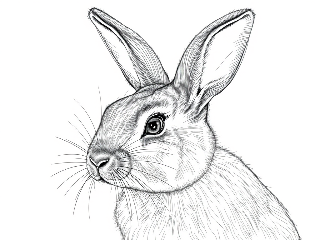 Create a highly detailed line drawing of a rabbit, captured in soft natural light, using a Canon EOS 5D Mark IV, 50mm lens, aperture f/2.8, ISO 100, 1/200s shutter speed, taken from a side view to highlight texture and depth.