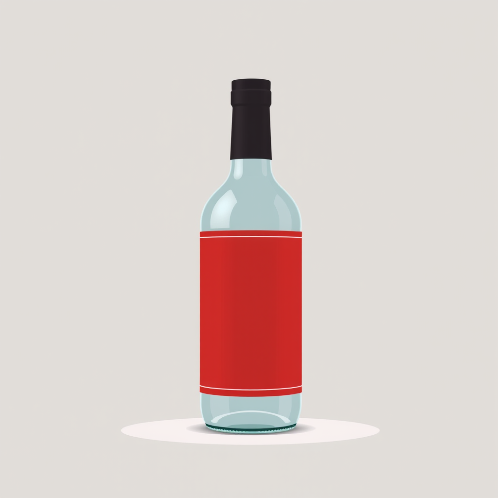 create a minimalist illustration of a bottle with a red label against a plain background, using a wide aperture of f/2.8, 50mm lens, soft focus style, and a DSLR camera setup to enhance image quality