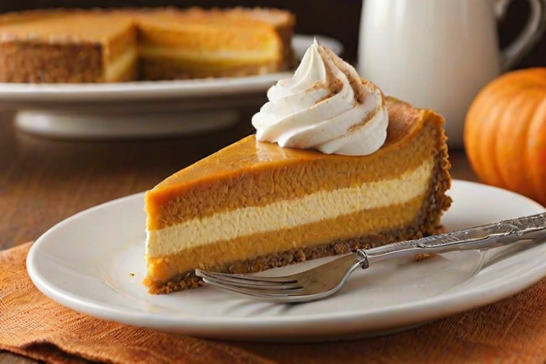 Create a delicious and visually appealing slice of layered pumpkin cheesecake. The dessert should feature distinct layers of creamy pumpkin filling and a rich crust, with a fork resting beside it. The background should be softly blurred to keep the focus on the cheesecake, enhancing its textures and colors.