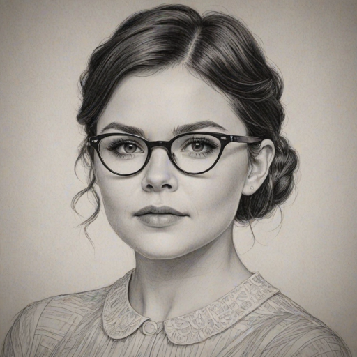 Magnificent Ginnifer Goodwin, pencil sketch, portrait of Elegant woman 1962s in glasses, hair style beatnik, outline, clear lines, fine lines, 8k