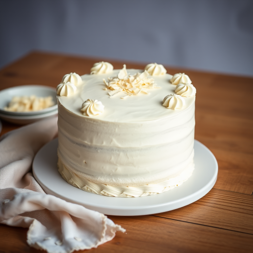 Create an image of a round white cake with smooth icing and decorative swirls on the top and bottom edges set on a white plate on a wooden table with a soft cloth beside it. The cake should have a textured finish on the sides and be topped with small white chocolate shavings. The background should be softly blurred to emphasize the cake.
