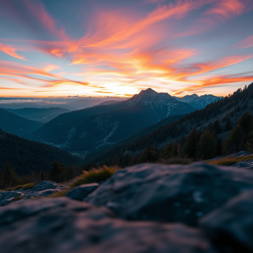 Create a high-resolution image of a serene mountain landscape during sunrise with vibrant colors in the sky, using a Canon EOS R5 with a 24-70mm f/2.8 lens, aperture set at f/11, ISO 100, shutter speed 1/60 seconds, shot from a low angle to capture the foreground detail and wide angle to take in the expansive view.