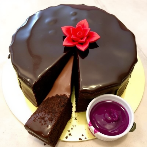 Chocolate cake with a glossy ganache topping and decorative red flower-shaped icing on top, one slice cut and placed beside a small bowl of purple filling, set on a light-colored surface.