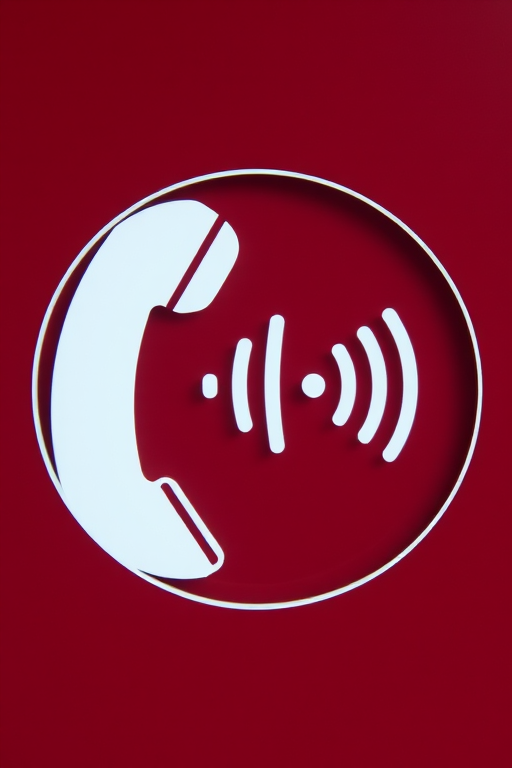 Create an image of a white telephone icon with sound waves inside a maroon circle, using a Canon EOS R5 with an f/2.8 aperture, 50mm lens, HDR mode, and a high-resolution setting for enhanced image quality.
