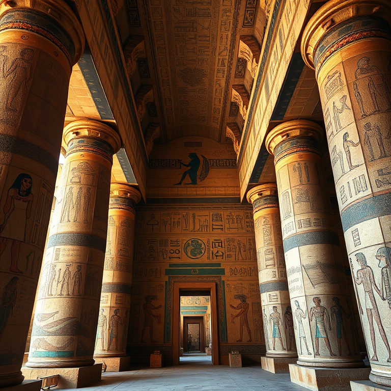 interior of an ancient Egyptian temple with detailed hieroglyphics and colorful murals, wide-angle view, high resolution, fstop 8, shutter speed 1/60, ISO 200, DSLR camera, natural lighting