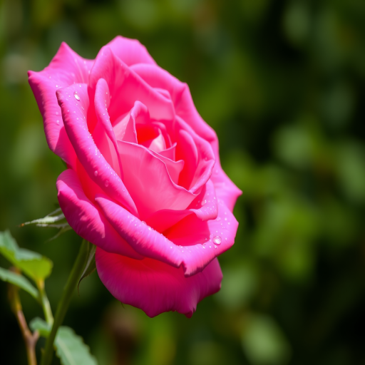 Pink rose in full bloom with dew drops against a blurred green background, shot with a DSLR camera at f/2.8 aperture, 50mm lens, ISO 100, natural sunlight for enhanced detail and vibrancy.