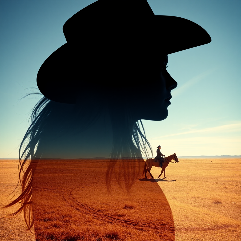 "Create a Double exposure", a silhouette "profile portrait of a young cowgirl" with long hair "superimposed" against a long shot of a cowgirl riding a horse across the plains, fantastic view, 32k, cinematic, hyper-realistic.