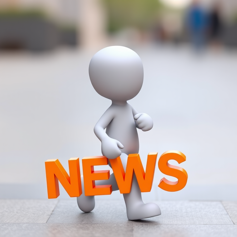 A 3D character figure walking while holding a large orange "NEWS" text, shot with a Canon EOS R5 camera, 50mm lens, f/1.8 aperture, ISO 100, natural lighting, with a shallow depth of field to enhance focus on the character and text.