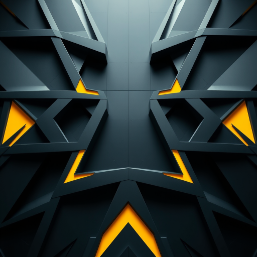 Regenerate an abstract design featuring geometric shapes in dark tones with bright yellow accents, using a DSLR camera, aperture f/8, ISO 100, 35mm lens, top-down view, and high dynamic range imaging for enhanced detail.