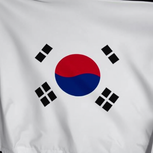 Create a high-resolution image of the South Korean flag symbol, featuring the traditional Taeguk circle in the center, using a DSLR camera, 50mm lens, f/2.8 aperture, ISO 100, shot from a low angle for dramatic effect, with soft lighting to enhance colors.