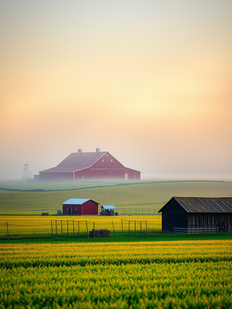 regenerate an image of a foggy landscape with a red barn and agricultural structures in the foreground, capture at sunrise with soft lighting, use a DSLR camera with a wide-angle lens, settings: aperture f/4.0, shutter speed 1/200s, ISO 200, focus on the mist and vivid colors of the field, ensure the composition highlights the tranquility of the rural setting
