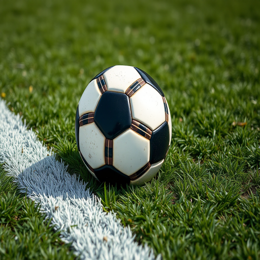 soccer ball on a grass field next to a white line, shot with a DSLR camera, aperture f/2.8, shutter speed 1/500s, ISO 100, close-up view, natural lighting
