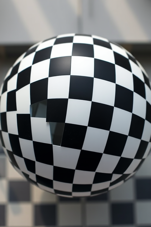 create a high-resolution image of a 3D checkerboard sphere with equal black and white squares, shot with a Canon EOS 5D Mark IV, aperture f/8, ISO 100, 50mm lens, in a top-down view using natural lighting for enhanced contrast and clarity
