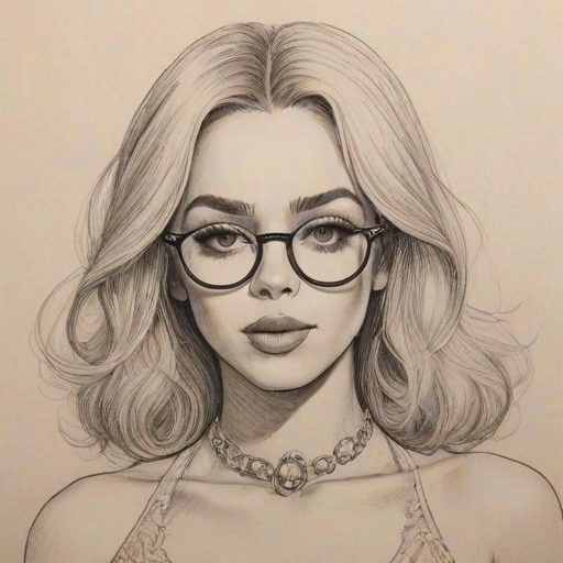 Bewitching Doja Cat, pencil sketch, portrait of Superb woman 1966s in glasses, hair style beatnik, outline, clear lines, fine lines, 8k