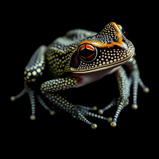 Create a detailed illustration of a frog on a black background, capturing intricate dot patterns and textures, using a DSLR camera with a 50mm lens, aperture set at f/8 for sharp focus, ISO 100 to minimize noise, natural lighting for realistic color, and a close-up view to highlight details.