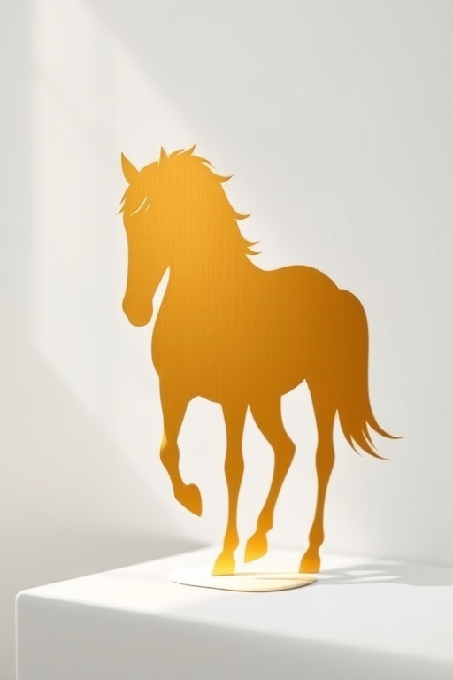 Create an elegant, high-resolution image of a stylized horse silhouette in gold and white, using a Canon EOS R5 with an f/2.8 aperture, 50mm lens, and a shallow depth of field, capturing the composition from a frontal view with soft natural lighting for a refined finish.