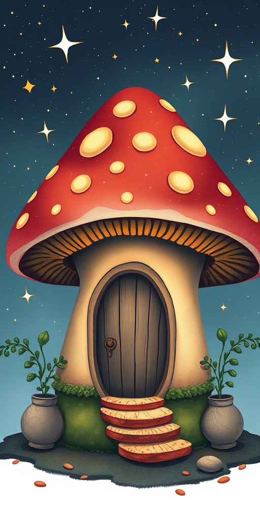 design illustration of a mushroom house with a door and a window, a storybook , fantasy art, mushroom house, bg starry sky, sparkles