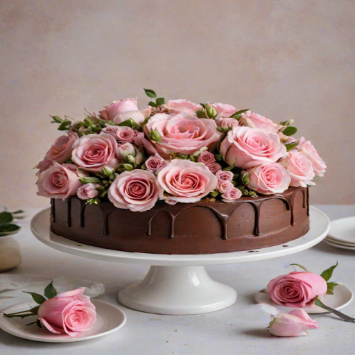 Create an image of a round chocolate cake topped with delicate pink roses and assorted floral decorations. The cake should have a glossy finish and be placed on a simple white cake stand. The background should be soft and light, enhancing the elegance of the cake.