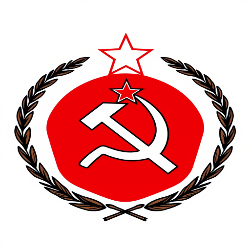 Create a high-resolution illustration of a Soviet emblem featuring a hammer and sickle encircled by a laurel wreath with a star above it, captured with a Canon EOS R5 at f/8, ISO 100, 50mm lens, in a soft-focus style for a classic look.