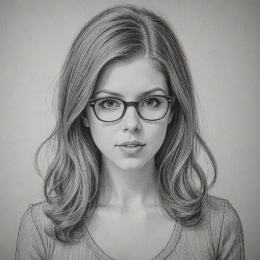 Radiant Anna Kendrick, pencil sketch, portrait of Bewitching woman 1964s in glasses, hair style beatnik, outline, clear lines, fine lines, 8k