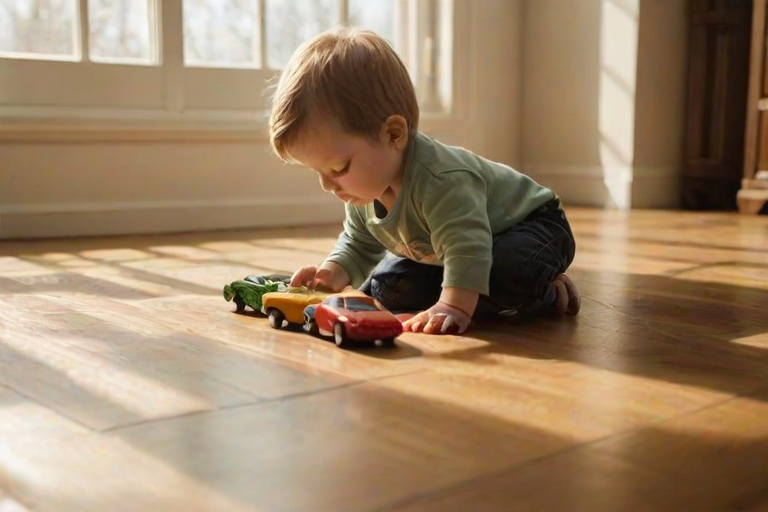 Warm, intimate image of a child playing with toy cars on a wooden floor, soft sunlight streaming through a nearby window, the smell of fresh coffee in the air, and a sense of quiet playfulness.