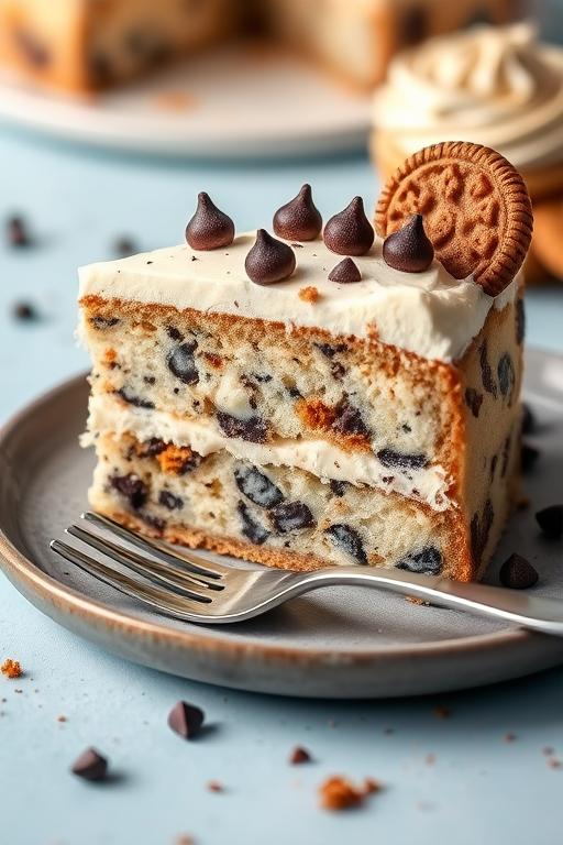 A slice of cake on a gray plate with a fork beside it the cake is layered with a creamy filling that has cookie pieces and chocolate chips on top there is a swirl of frosting and a cookie garnish in the background there are hints of chocolate crumbs and a soft blue backdrop
