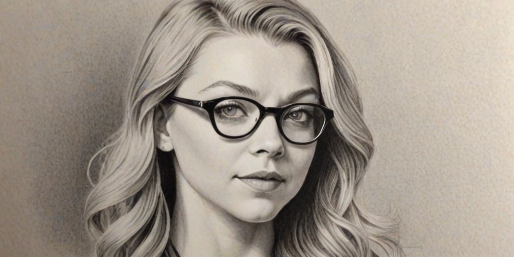 Magnificent Natalie Dormer, pencil sketch, portrait of Enticing woman 1930s in glasses, hair style beatnik, outline, clear lines, fine lines, 8k