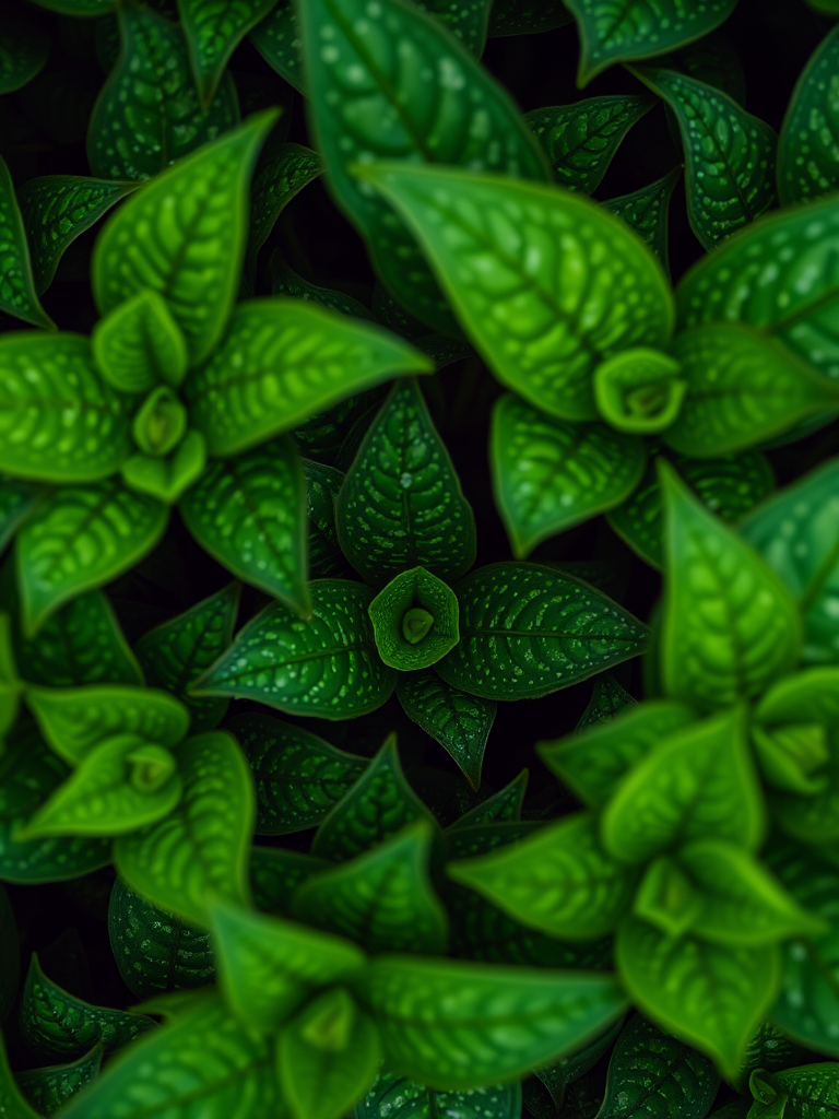 lush green plants with speckled leaves, macro shot, aperture f/2.8, ISO 100, shutter speed 1/125 sec, natural light, DSLR camera, top-down view, high-resolution