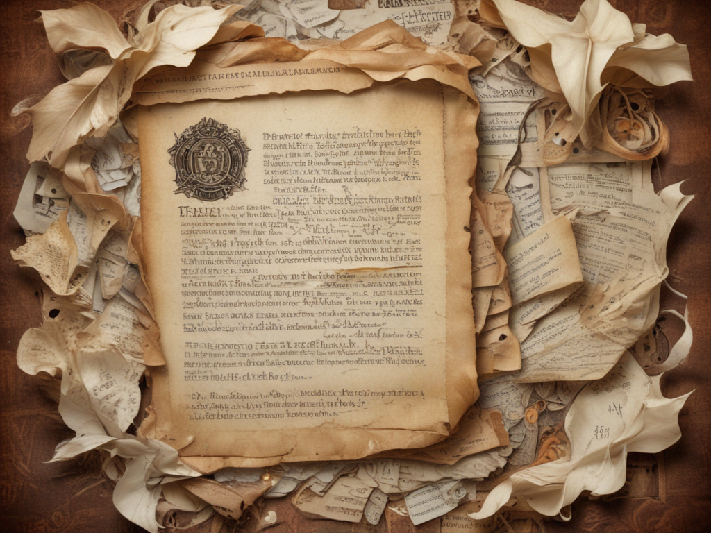 An Ancient Scroll Surrounded by Delicate Papers and Decorative Elements.