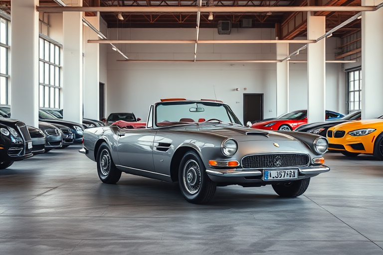 Capture a vintage convertible parked in a sleek, modern garage with luxury cars, using a DSLR camera at f/4 aperture, ISO 200, 24mm lens, in natural light, focusing on the car with a shallow depth of field to enhance details and textures.