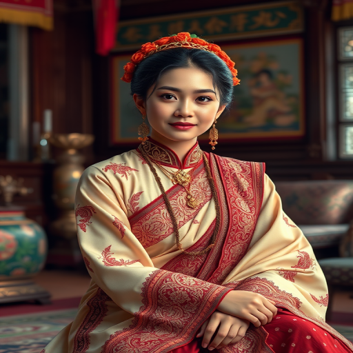 A beautiful Nepali woman in traditional East Asian attire, intricately detailed with embroidered patterns, sitting gracefully in a richly decorated room, soft ambient lighting, serene and elegant, ultra-realistic, 8K resolution